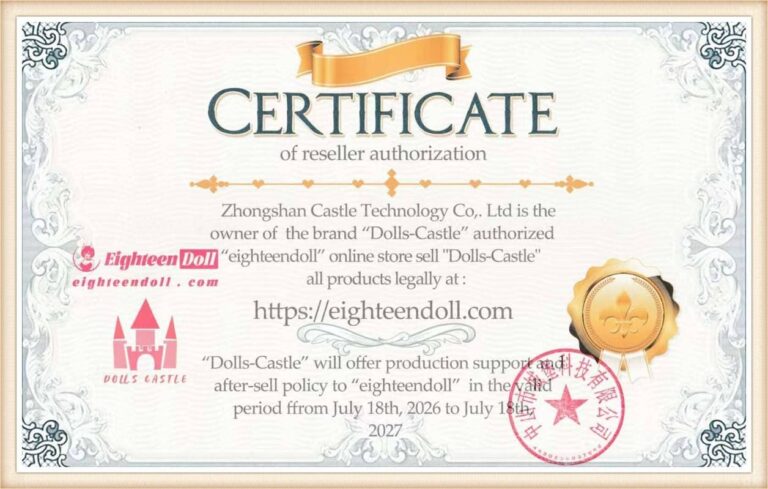 Certificat d’autorisation de revendeur Dolls Castle pour EighteenDoll