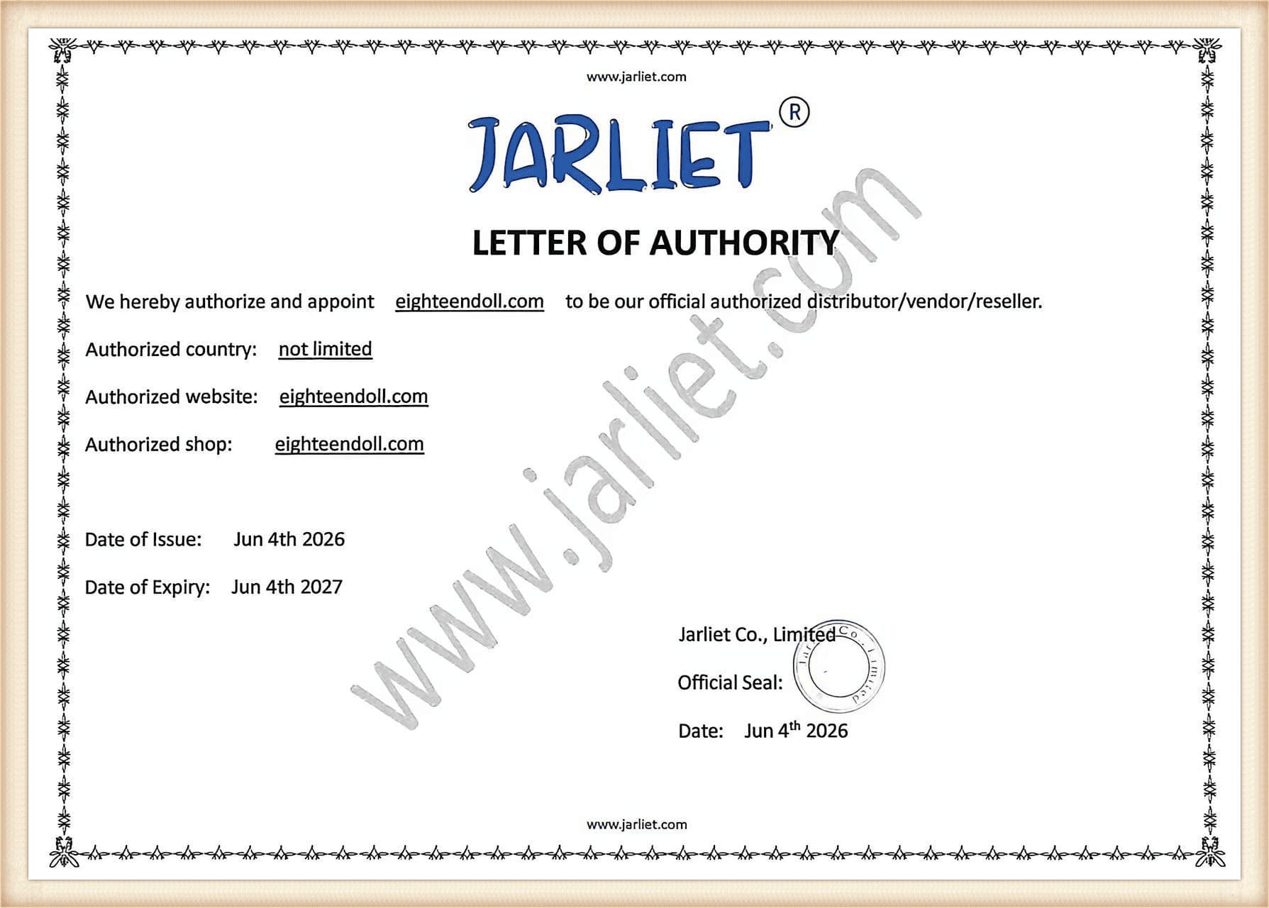 Jarliet Doll authorization certificate for EighteenDoll