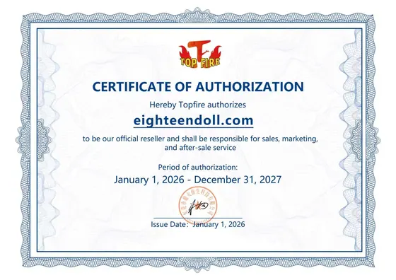 TopFire authorization certificate for eighteendoll.com, valid 2026-01-01 to 2027-12-31